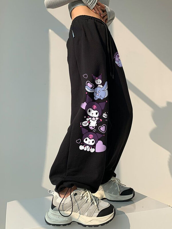 Sanrio-pantalones de pierna ancha para mujer, Pantalón deportivo informal de cintura alta con tirantes, estilo Hip Hop, estética de los años 2000, color negro, Kuromi
