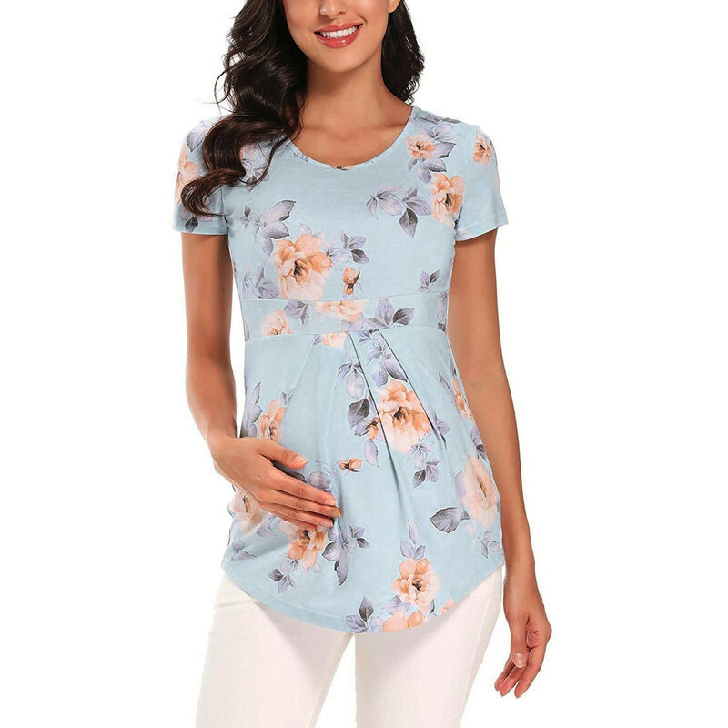 موضة المرأة قميص الأمومة الأزهار المطبوعة التمريض القمم الرضاعة الطبيعية طبقة مزدوجة لينة قصيرة الأكمام ملابس الحمل العلوي