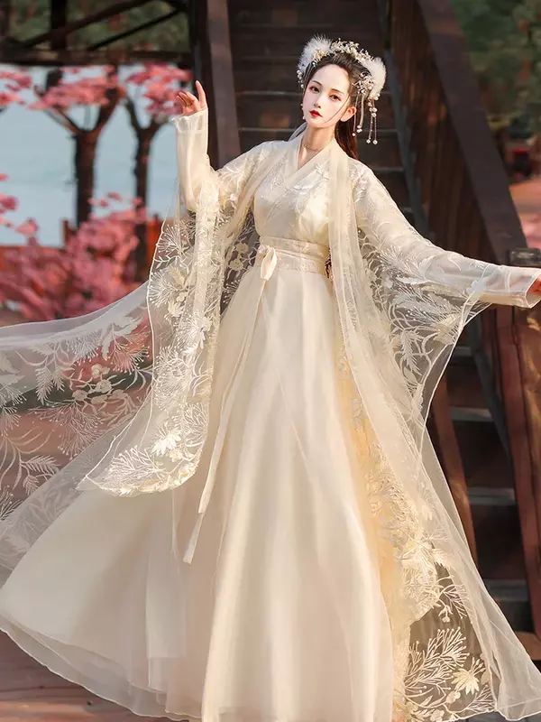 Hanfu Set gaun gaya Tiongkok, pakaian putri manis wanita, kostum panggung dansa peri bordir bunga elegan Vintage