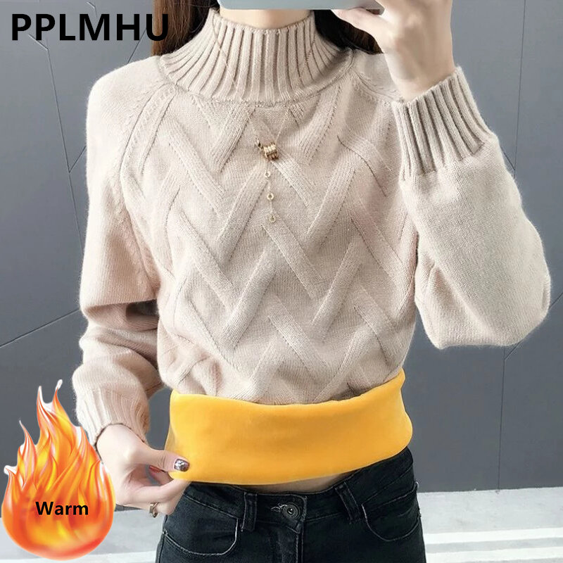 Sweater beludru Plus tebal musim dingin untuk wanita, pullover rajut hangat kasual, Atasan Bawahan bergaris bulu Korea baru