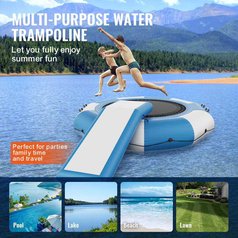 VEVOR 10ft Inflatable Water Bouncer Recreational Water Trampoline Portable Bounce Swim Platform with Slide 3-Step Ladder