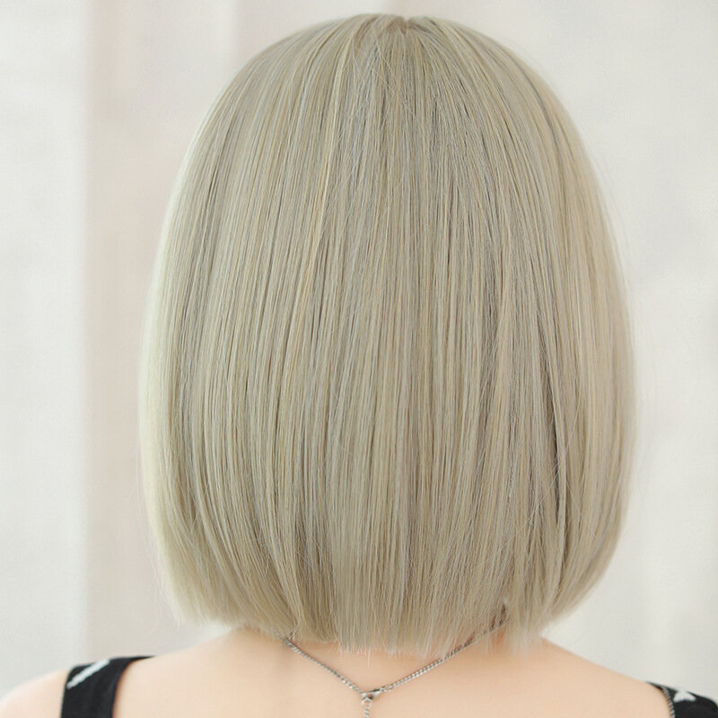 Wig alami krem 31CM Bob rambut lurus pendek modis ke dalam dengan poni untuk penggunaan sehari-hari wanita Wig serat sintetis