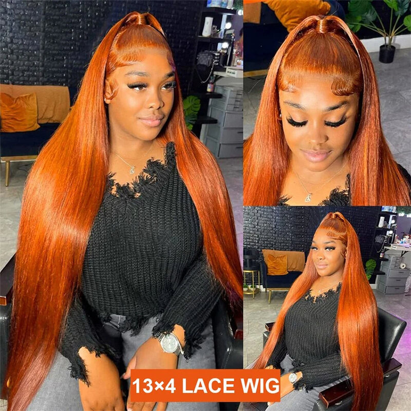 Wiggogo-Straight Lace Front Wig, Cabelo Humano, Laranja, Gengibre, HD, 13x4, 13x6