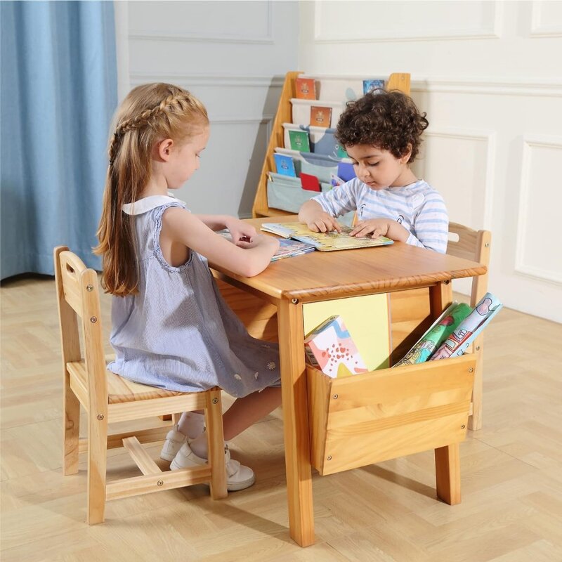 Kinder Massivholz Tisch und 2 Stuhl Set mit Aufbewahrung Schreibtisch und Stuhl Set für Kinder Kleinkind Aktivität Tisch