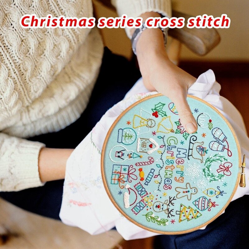 24 hari kedatangan Natal bordir Kit untuk pemula, DIY Cross Stitch Kit, termasuk bordir Hoop bordir