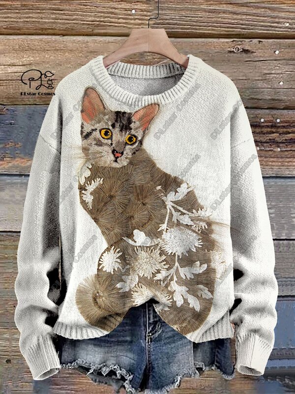 PLstar Cosmos 3D 프린트 동물 시리즈, 귀여운 재미있는 고양이 패턴, 못생긴 스웨터, 겨울 스트리트 캐주얼 유니섹스 M-11, 신제품
