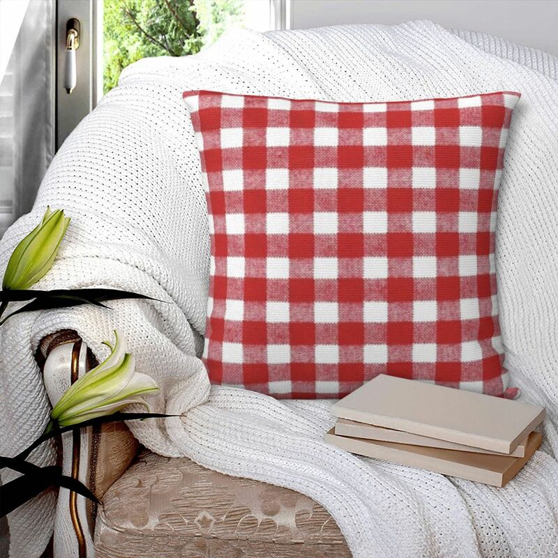 Funda de almohada cuadrada a cuadros rojos y blancos, decoración de cojín de poliéster, cómoda, para el hogar y la sala de estar