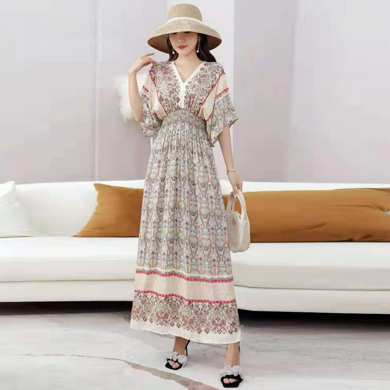 Robe Women Casual Elegant Retro Bohemian V Neck Bohemian Korean Print Summer Long Dress Clothes Outerwear Holiday Style