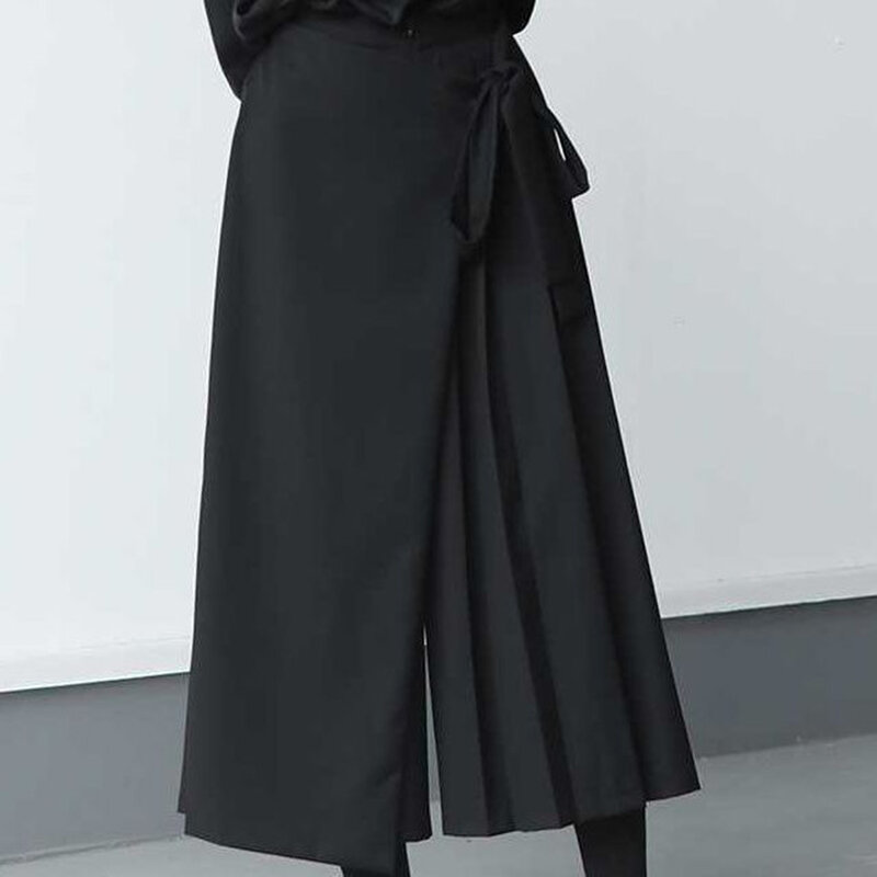 Darkness Versatile Slim Pleated Nine-Point Wide-Leg Pants Unisex Double-Layer High-Waisted Loose Tight-Waisted Straight Culottes