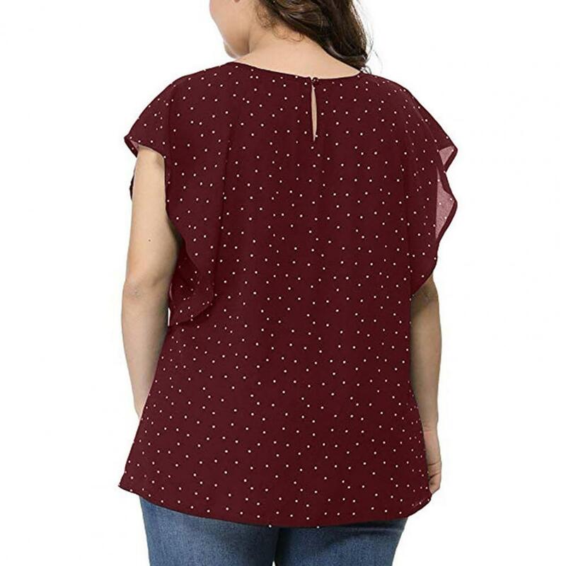 Plus Size Elegant Women Blouse Top Round Neck Dot Print Ruffle Short Sleeves Thin Loose Lady Shirt Blouse