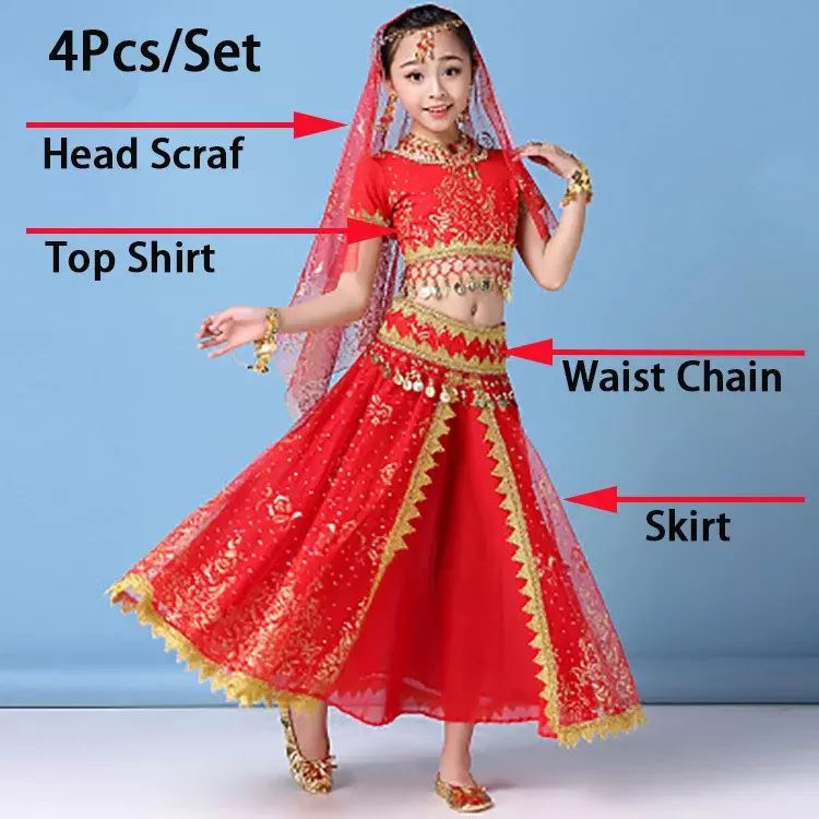Conjunto de trajes de danza del vientre para niños, falda de danza del vientre, vestido de baile para niñas, ropa de baile indio de competición de escenario