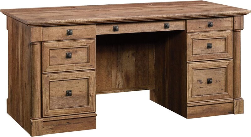 Sauder Palladia Executive Desk, Vintage Oak Finish Large Drawer/shelf with Metal Runners and Safety Stops Features