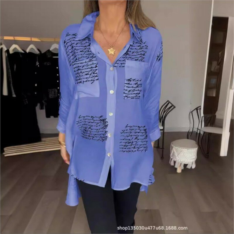 Women's Casual Loose Letter Lapel Long Sleeved Letter Shirt Spring & Summer Blouses For Women Fashion 2024 Blusas De Mujer 5XL