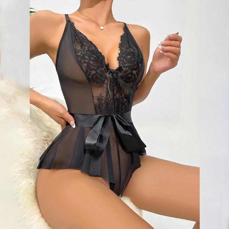 Womens Sexy Lace Sheer Mesh Bodysuit Leotard Lingerie Ladies Babydoll Nightwear Pyjamas Clothes Clothing 2024
