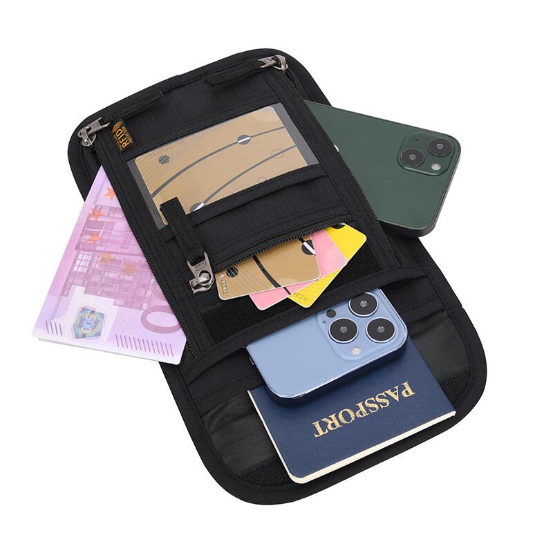 Dompet leher kantong perjalanan, wadah kredit dokumen paspor keluarga dengan pemblokir RFID banyak saku