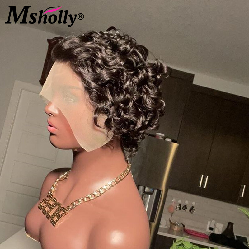 Short Jerry Curly Wig 13x1 Transparent Lace Front Wigs Pixie Cut Pre Plucked With Baby Hair Wig For Women Brazilian Remy Wigs