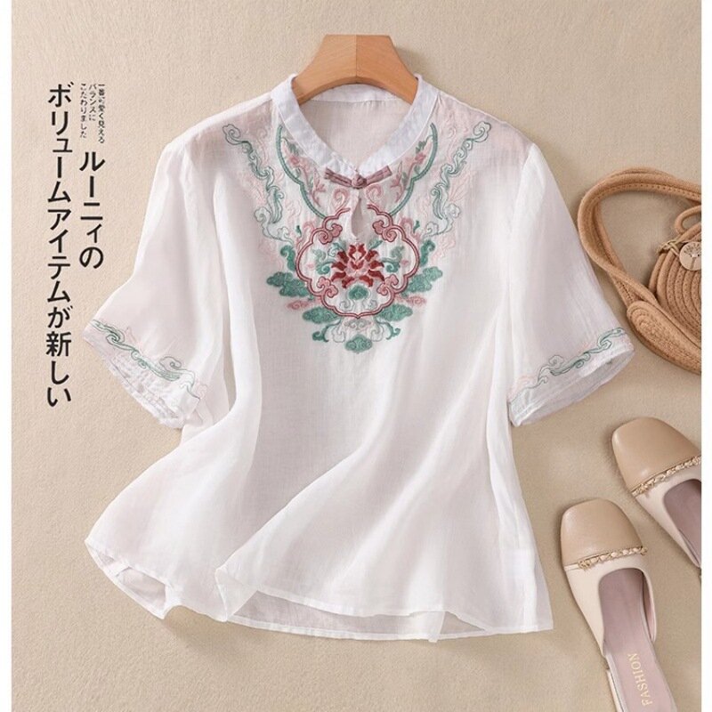 Pulôveres de gola redonda estilo chinês, bordado de botão, manga curta emendada, elegante camiseta solta, tops novos, verão