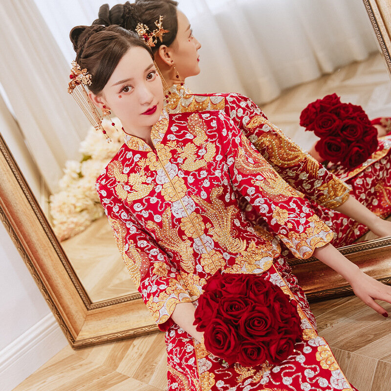Exquisito vestido de novia bordado de dragón Phoenix para pareja, elegante Collar mandarín, Cheongsam de matrimonio chino