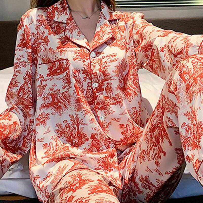 Женский пижамный комплект с цветочным принтом, стильная однобортная Домашняя одежда с свободными карманами с лацканами, эластичная одежда для весны и осени