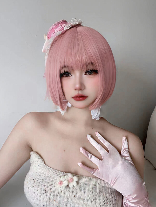 Wig sintetis 12 inci Pink GAL Lolita dengan Wig rambut lurus alami pendek untuk wanita penggunaan sehari-hari Cosplay tarik tahan panas