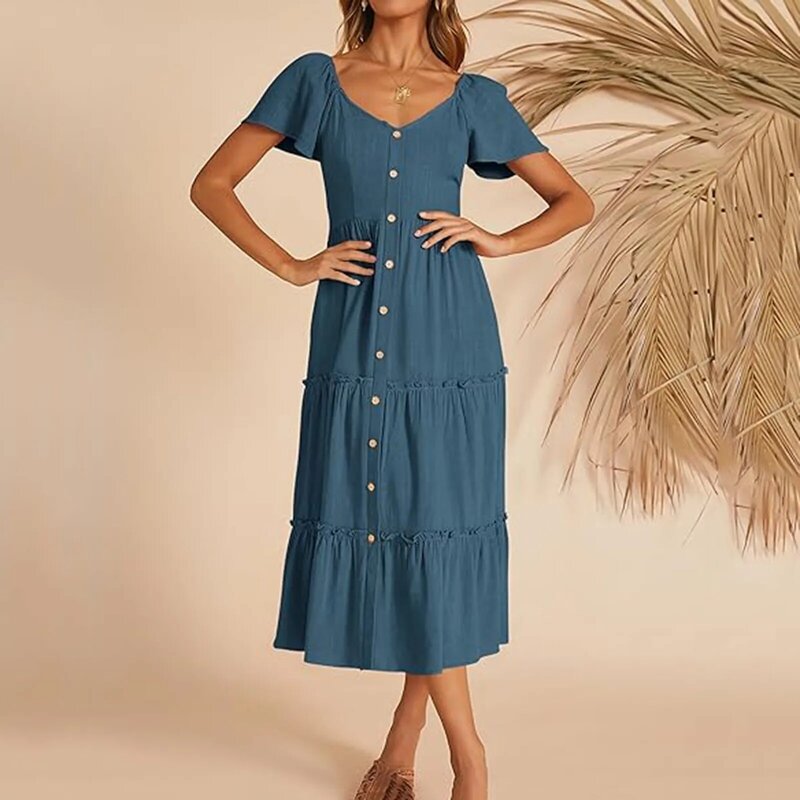 V-Ausschnitt Vintage Plissee langes Kleid Frauen Sommer Kurzarm geknöpft gestufte Rüschen elegante Midi-Kleid Boho solide Freizeit kleider