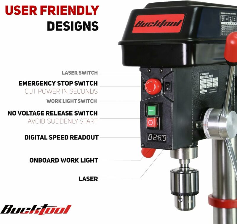 BUCKTOOL 12 INCH 6.2A Professional Bench Drill Press, 3/4HP Powerful Benchtop Drill Press, Variable Speed Drill Press
