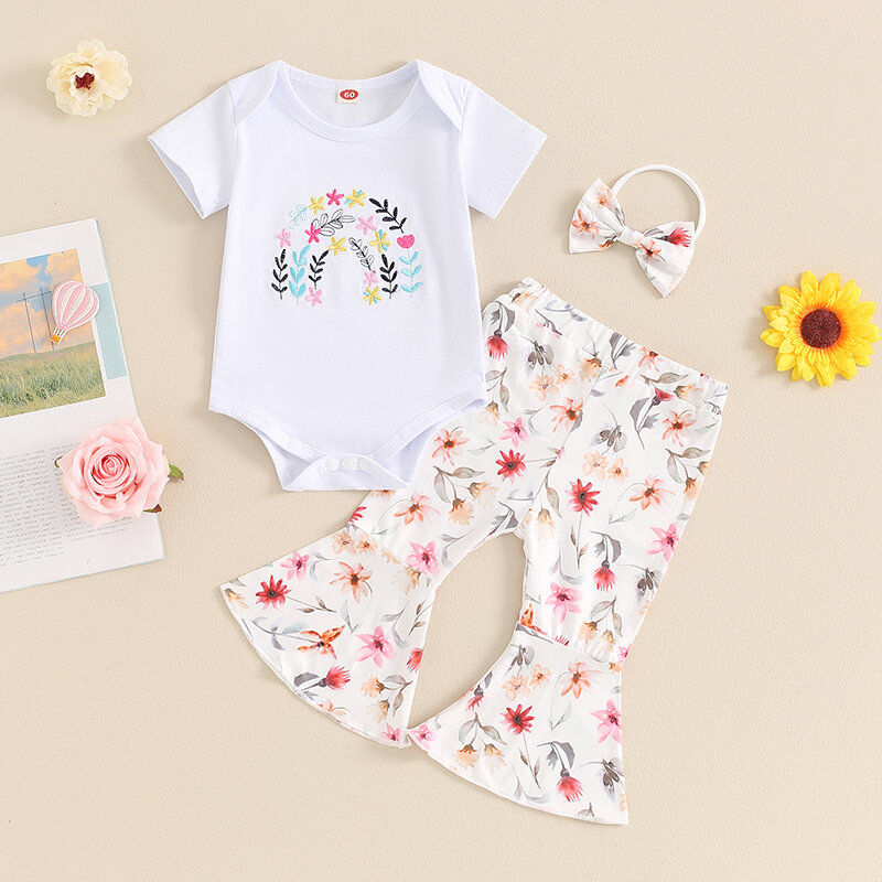 2024-03-29 lioraitiin 3Pcs Baby Girl Casual Set Short Sleeve Romper with Daisy Pattern Flare Pants and Headband Outfit