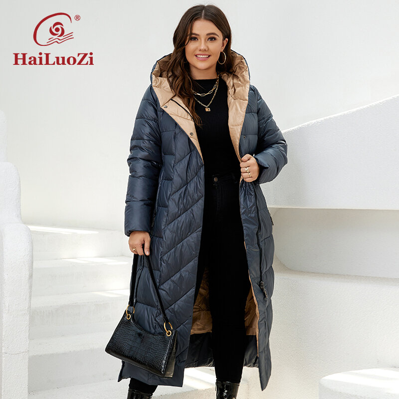 HaiLuoZi-Parkas com capuz grosso de comprimento médio feminino, jaquetas quentes, cinto de zíper, casaco casual clássico, tamanho grande, inverno, novo, 2022, 6037