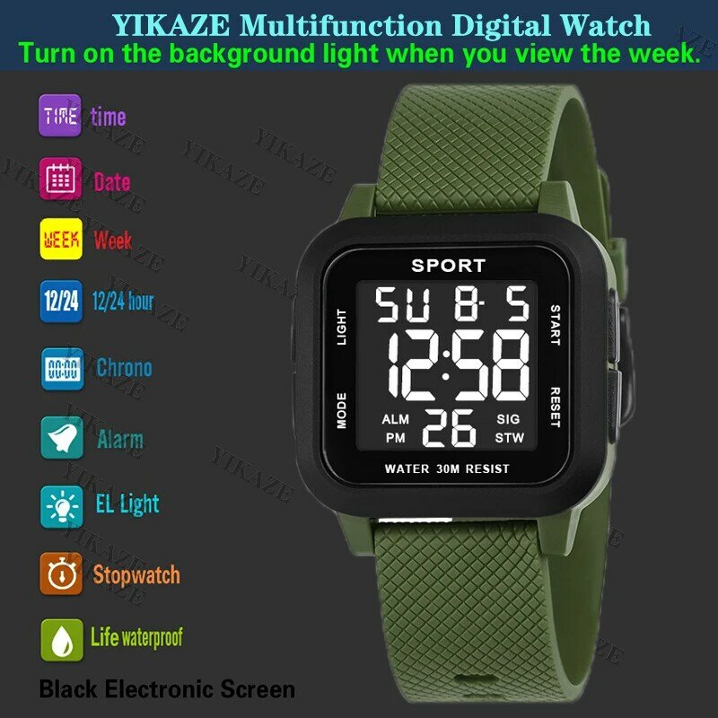 YIKAZE-reloj deportivo Digital para hombre, cronógrafo con alarma, 3Bar, resistente al agua, militar, LED, electrónico, color negro