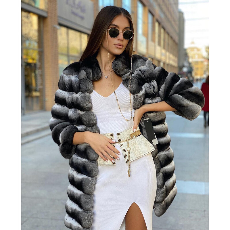 Natural Rex Rabbit Fur Jackets Women's Fur Jacket Real Rabbit Fur Coat With Stand Collar Mid-Length Outerwear