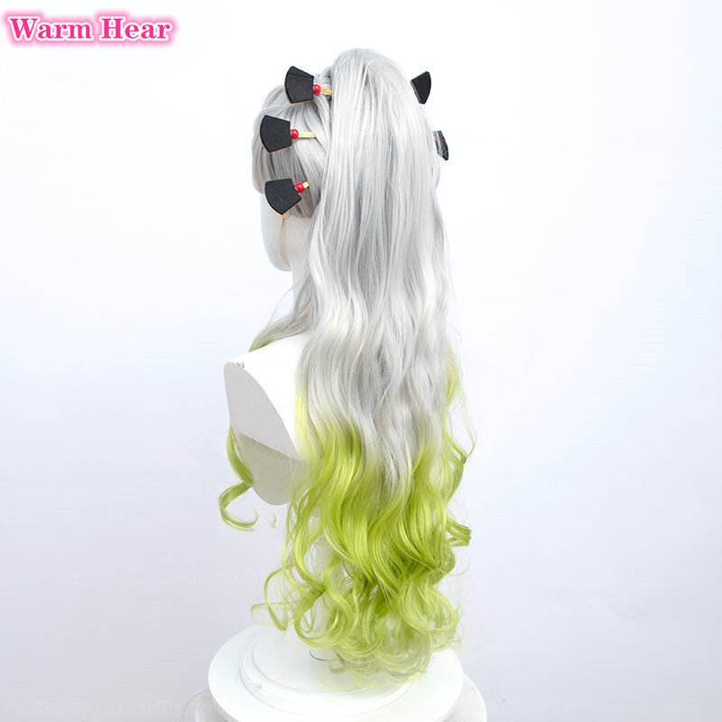 Парик для косплея аниме «Даки» длиной 90 см с серебряными градиентными зелеными кудрявыми Головными Уборами термостойкие волосы для Хэллоуина искусственные ролевые парики