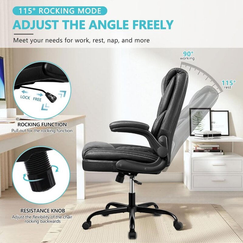 Krzesło biurowe, skórzane krzesło wykonawcze Krzesła biurowe do domowego biura, ergonomiczne krzesło komputerowe z regulowanymi podłokietnikami