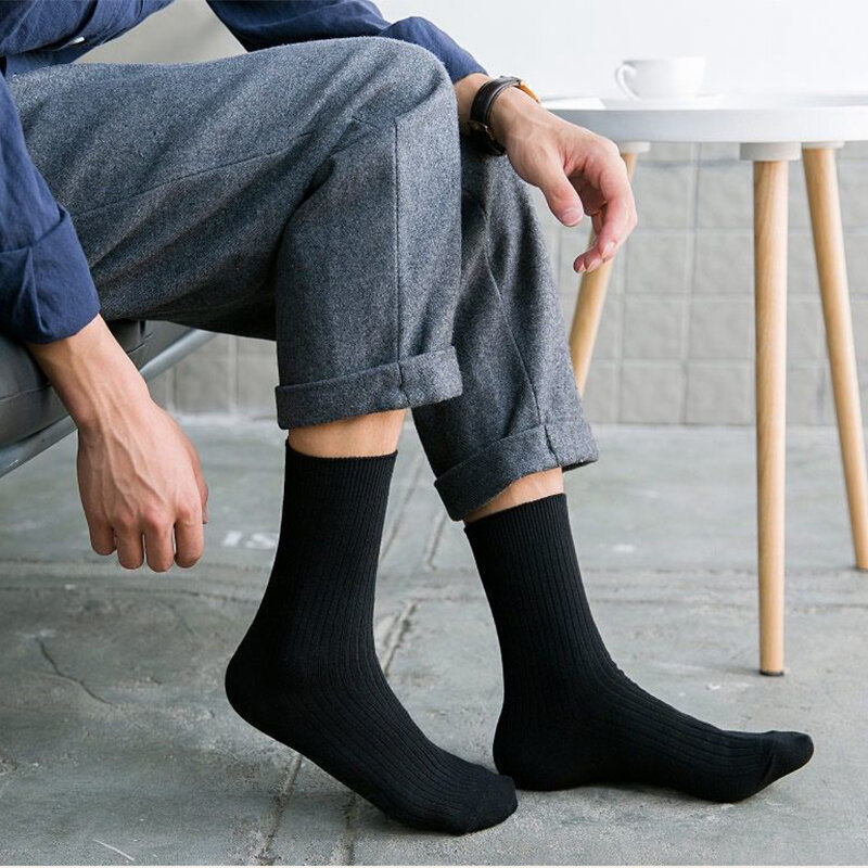 ถุงเท้าผ้าฝ้ายผู้ชาย, ถุงเท้าลำลองธุรกิจสีทึบระบายอากาศสบายถุงเท้าครึ่งน่องสำหรับฤดูหนาว EU37-43 5คู่