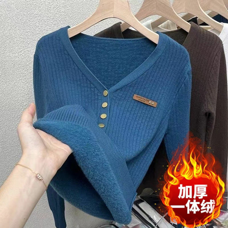 Addensare caldo più velluto maglione invernale donna Casual scollo a v bottone decorazione Design Basic Solid Knit Pullover Bottomed maglioni