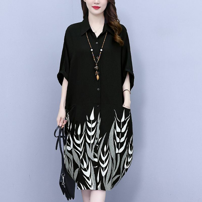 비대칭 배트윙 소매 캐주얼 드레스, 패션 라펠 인쇄, 여성 의류, 2024 여름 신상 오버사이즈 통근 셔츠 원피스