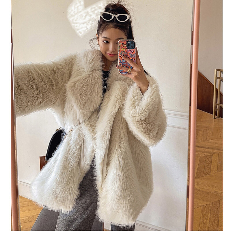Luxury Brand Fashion Fluffy Furry Faux Fur Jacket Women Winter Large Lapel Fur Coat Loose Warm Shaggy Overcoat Quality Outwear