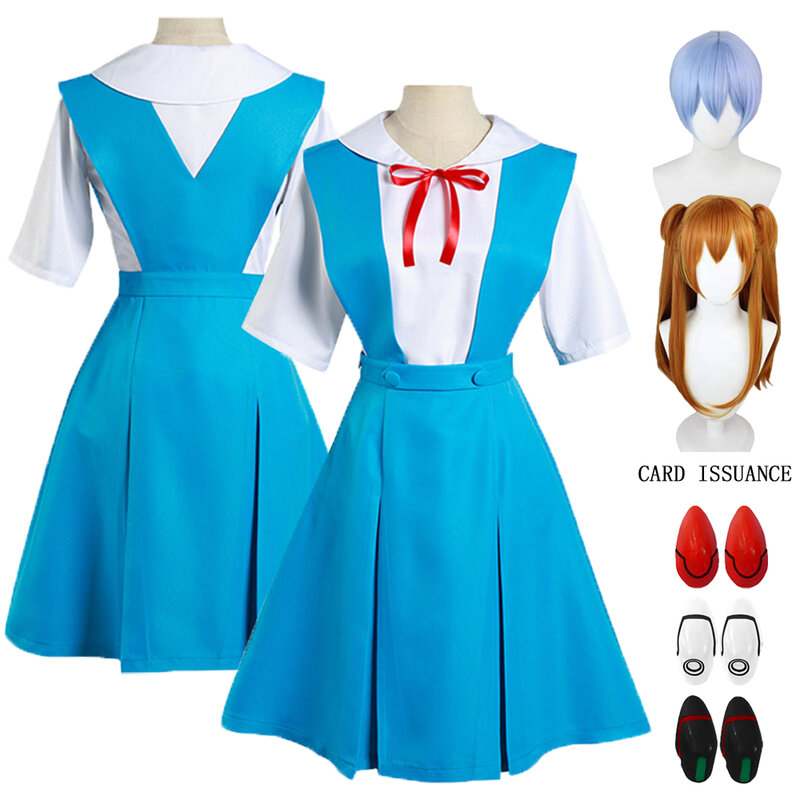Rei Ayanami uniforme escolar para mulheres, Asuka Langley Soryu Cosplay fantasia, peruca vestidos, grampos de cabelo, Halloween Loli roupas