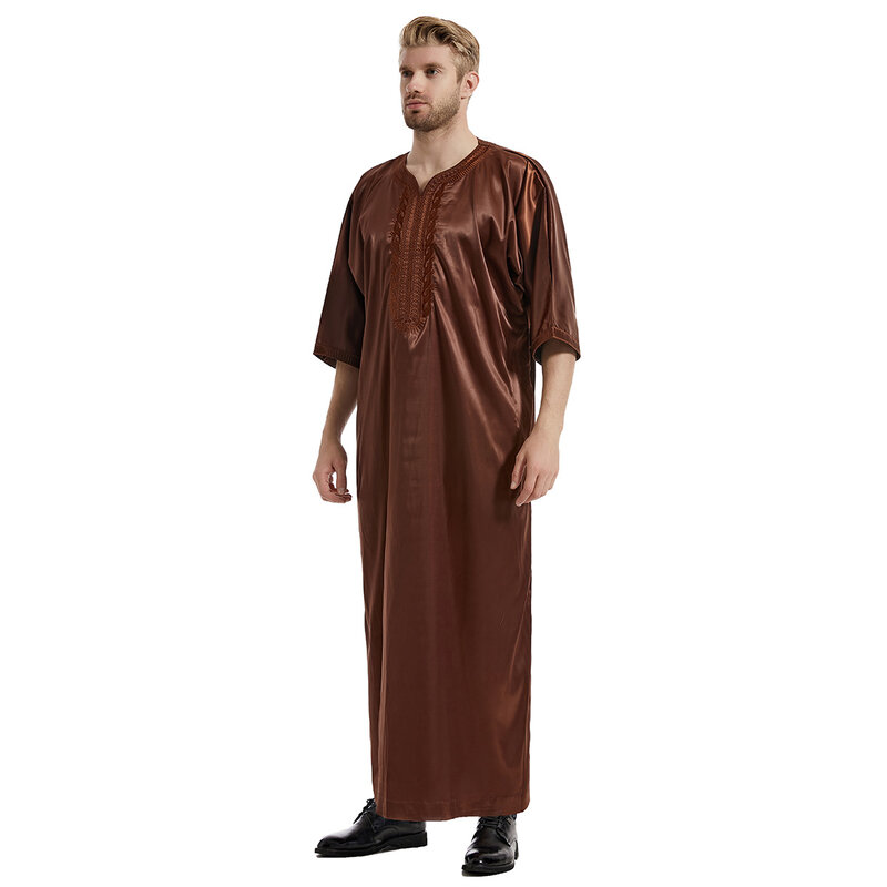 Robe musulmane en satin brodé pour homme, robe longue islamique, Thobe, Abaya, Caftan, Jubah, Dubaï, Ramadan, Eid