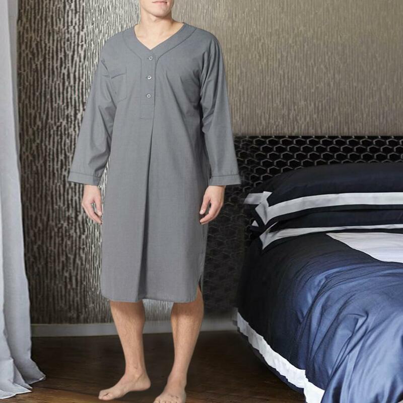 Халат мужской с V-образным вырезом, мягкая дышащая ночная рубашка с карманами и пуговицами, пижама сплошного цвета с длинными рукавами, длиной до колена