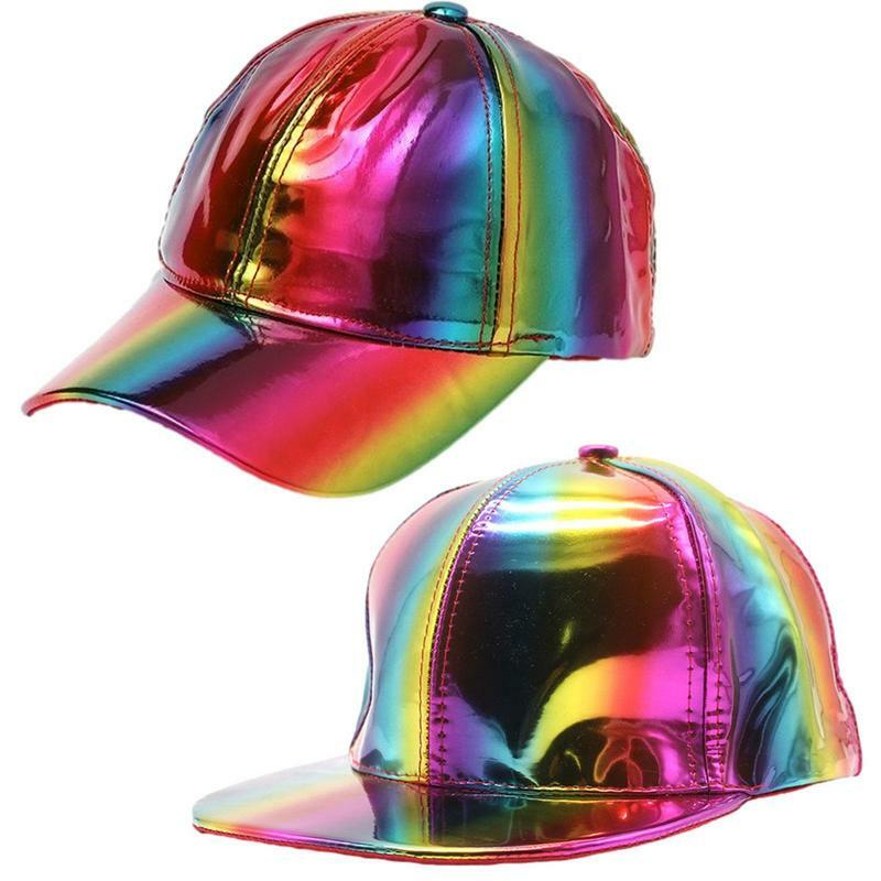 Gorras holográficas brillantes para Cosplay, gorras de béisbol ajustables de ala plana de Hip Hop, sombrero Snapback reflectante para Rave