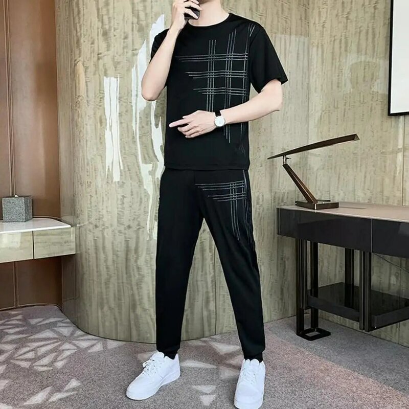 Solid Color Suit Stylish Men's Casual Sports Suit with Short Sleeve T-shirt Elastic Waist Trouser for Home Office or for Men