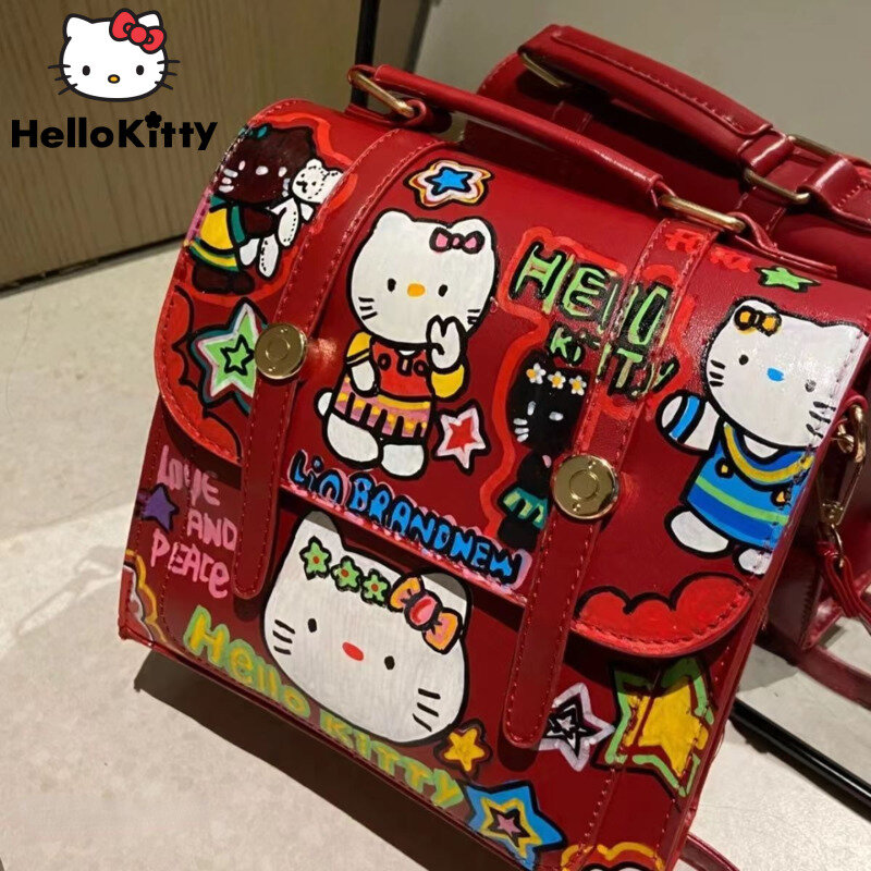 Sanrio-mochila con grafiti de Hello Kitty para mujer, bolso de hombro de estilo japonés Y2k, rojo, cuadrado, de dibujos animados