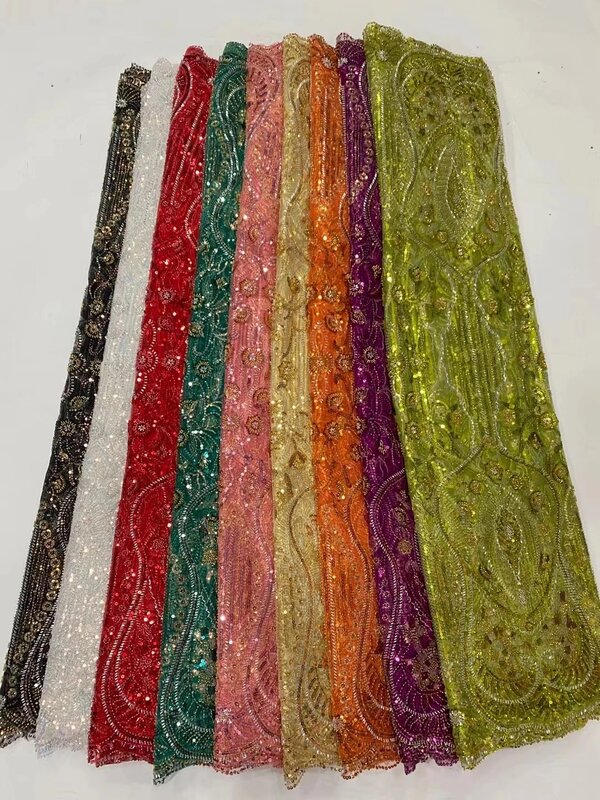 Tela de encaje africano con lentejuelas para vestido de fiesta, Material de encaje con cuentas de alta calidad, nigeriano francés, 5 yardas, 2024