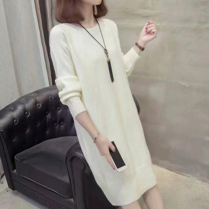 Solid Color Sweater Cozy Knitted Women's Sweater Dress Solid Color Long Sleeve Mid-calf Length Warm Pullover for Fall Winter