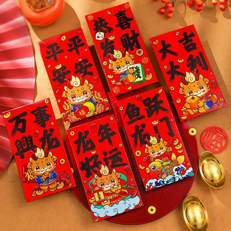 6 szt. Chiński styl smoka czerwona koperta 2024 rok smoka szczęśliwe pieniądze koperty chiński nowy rok szczęśliwe pieniądze koperty