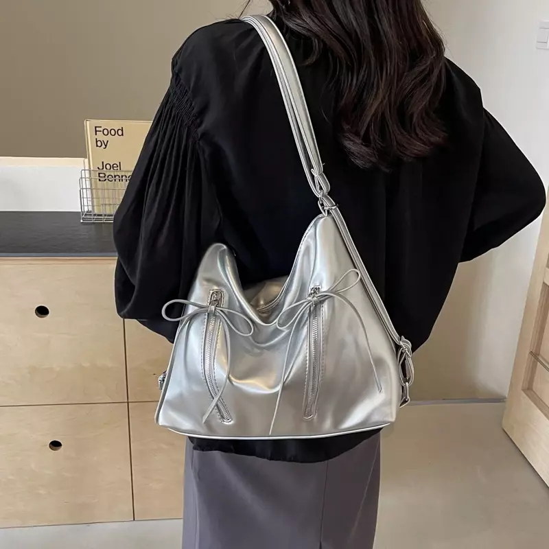 Srebrne mała kokardka torby na ramię ze skóry Pu dla kobiet 2024 letnie modne modne modne torby Crossbody torebki i portmonetki