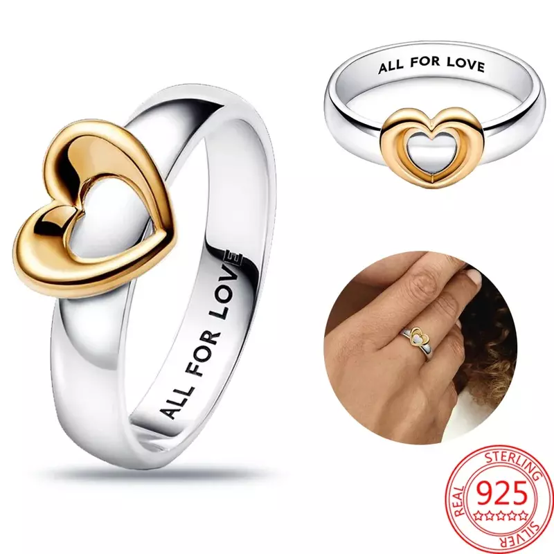 Pure Handmade 14K Gold Radiant Two-tone Sliding Heart Ring Women 925 Sterling Silver Jewelry Ring Set Birthday Gift