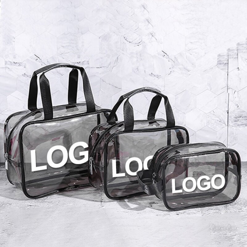 Prodotto personalizzato, personalizza il set di sacchetti di bellezza per articoli da toeletta con cerniera da viaggio impermeabile, organizer per il trucco in pvc trasparente cos