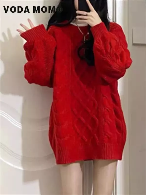 여성용 편안한 올매치 스웨터 풀오버, 한국 캐주얼 디자인, 헐렁하고 달콤한 패션, 일본 스타일, 단색 레트로, 가을, 겨울