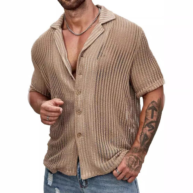 Moda uliczna dzianina męska koszula Sexy prześwituje bluzki z dzianiny męska letnia codzienna klapy na guziki bluzka z wycięciami z krótkim rękawem